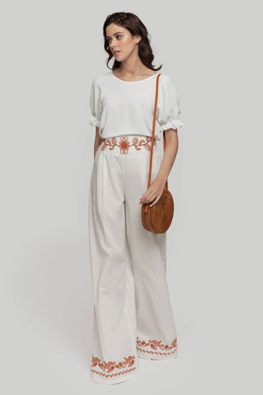 Pantalon Palazzo Brodé Bohème Écru