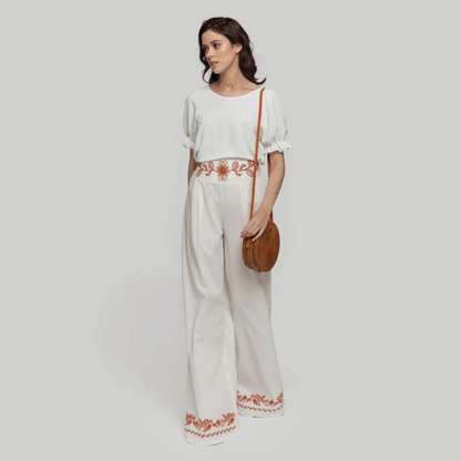 Pantalon large brodé en coton