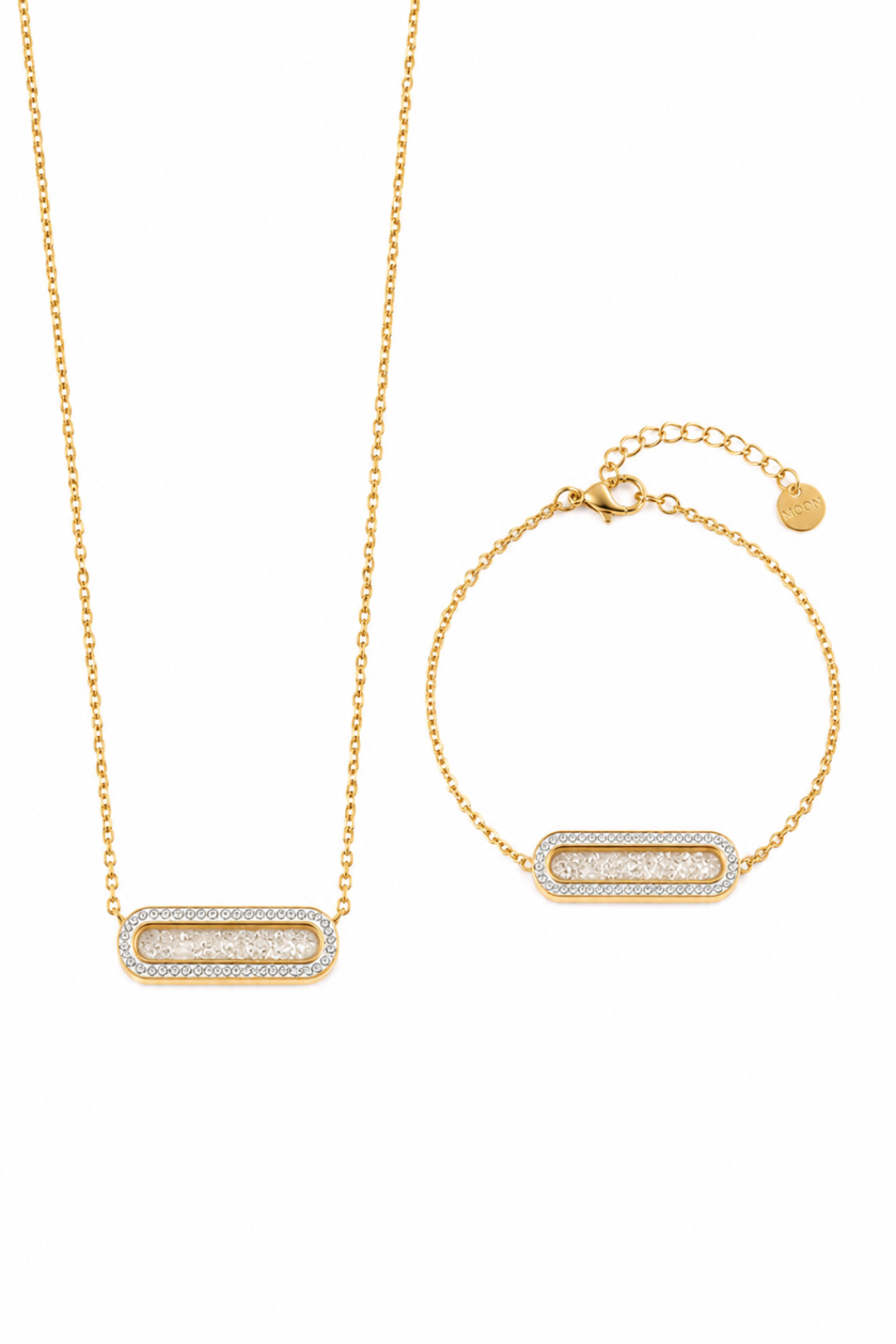 Parure Collier et Bracelet Maillon Cristaux Dorés en Acier Inoxydable