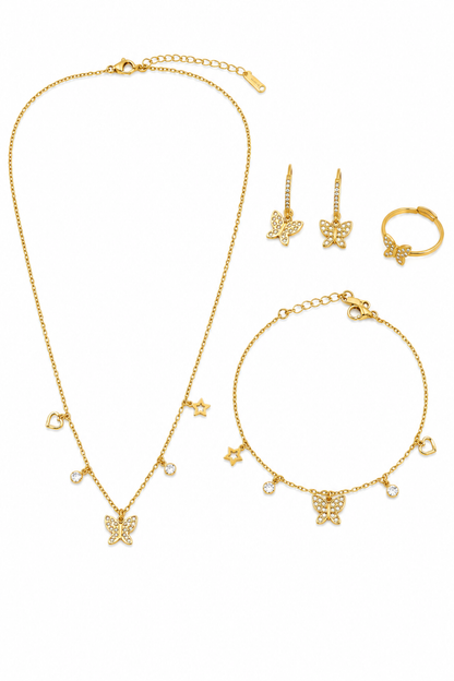 Parure Papillon Dorée Femme – Collier, Bracelet, Boucles d'Oreilles & Bague Acier Inoxydable