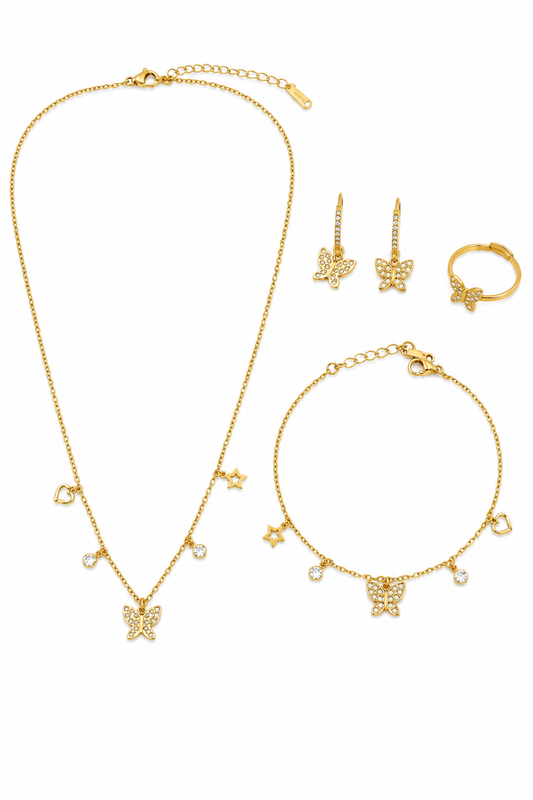 Parure Papillon Dorée Femme – Collier, Bracelet, Boucles d'Oreilles & Bague Acier Inoxydable