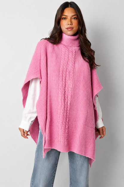 Poncho Tricot Rose Col Roulé Femme