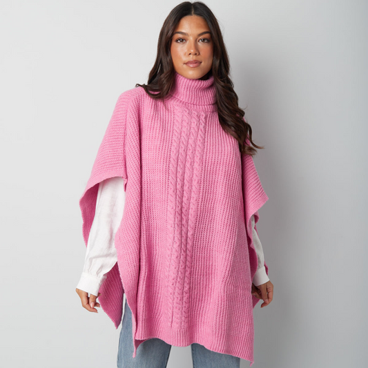 Poncho tricoté uni rose, élégant et idéal pour l'hiver