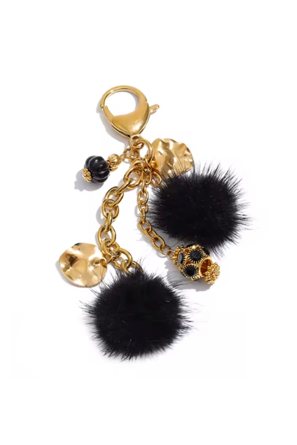 Porte-clés pompon noir & breloques dorées en acier inoxydable