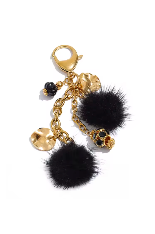 Porte-clés pompon noir & breloques dorées en acier inoxydable