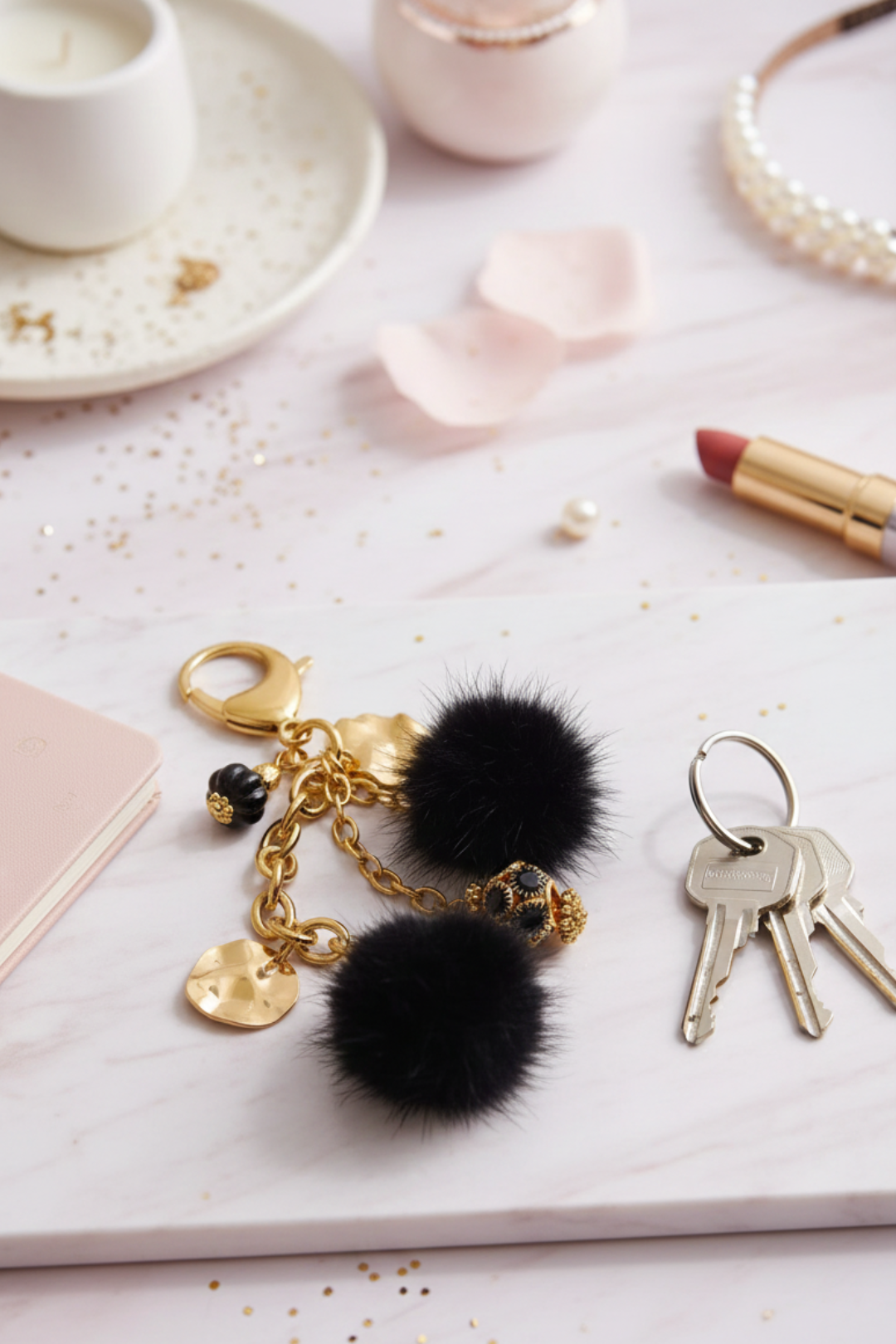 Porte-clés pompon noir & breloques en acier inoxydable
