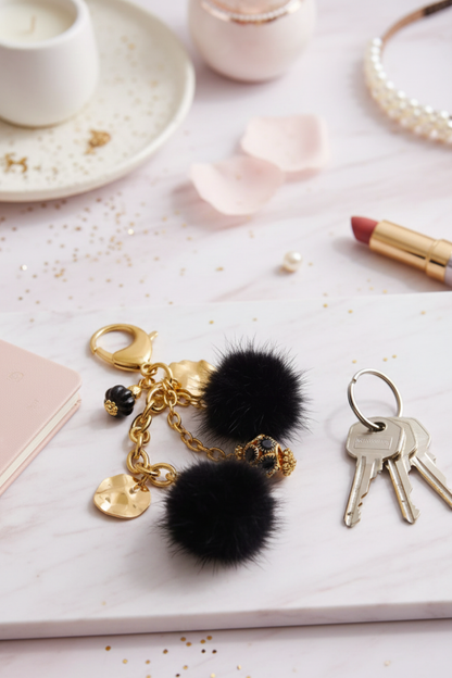 Porte-clés pompon noir & breloques en acier inoxydable