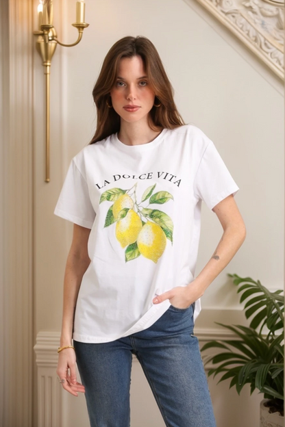 T-shirt en coton "LA DOLCE VITA" avec imprimé citron strassé