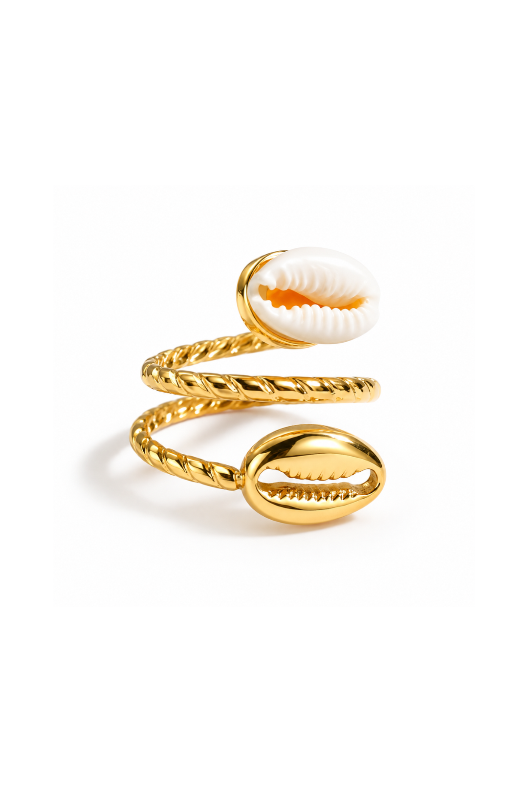 Bague cauri dorée réglable à double coquillage blanc et doré
