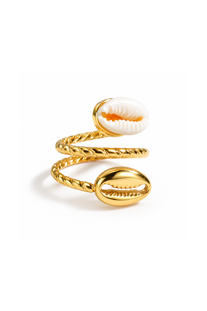 Bague cauri dorée réglable à double coquillage blanc et doré