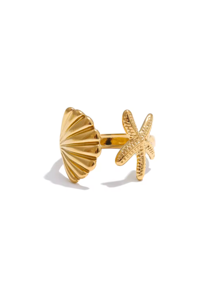 Bague coquille étoile de mer en acier inoxydable doré, anneau réglable