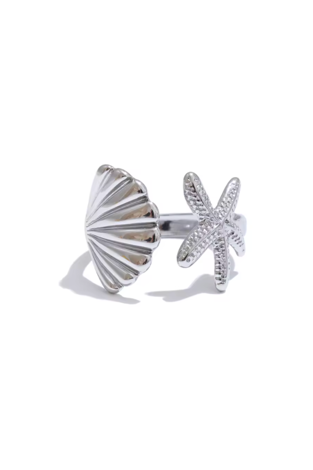 Vue de profil de la bague réglable coquille étoile de mer acier inoxydable