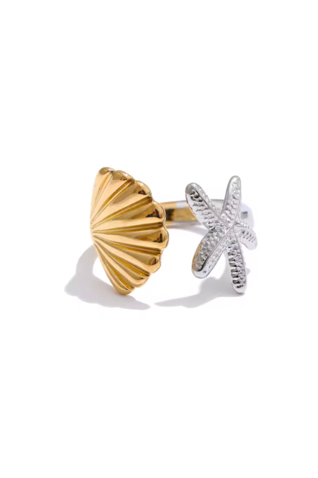 Bague ouverte coquille et étoile de mer disponible en doré et argenté