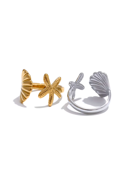 Comparatif bague coquille étoile de mer finition or et argent côte à côte