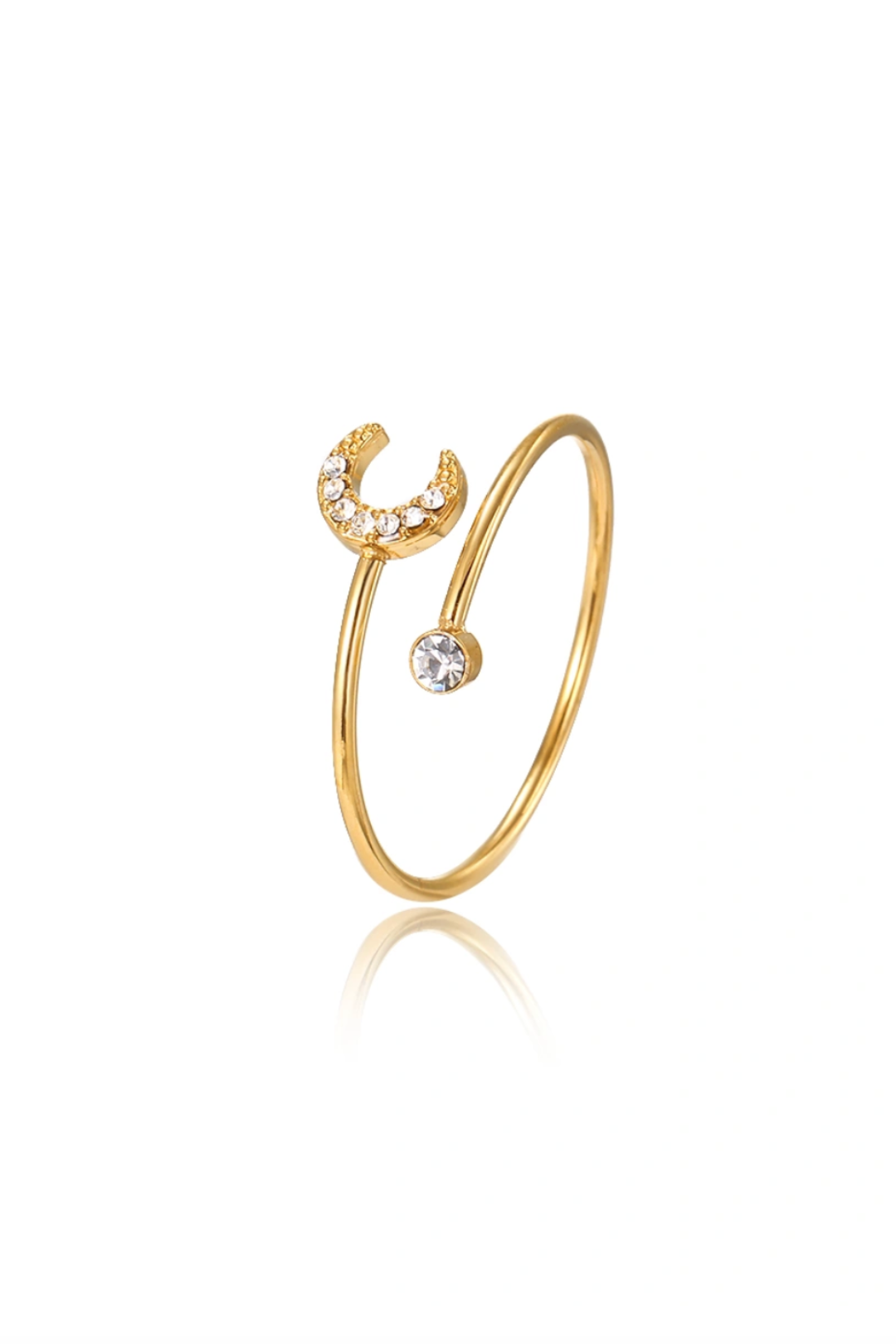 Bague croissant de lune dorée en acier inoxydable sertie de zircons
