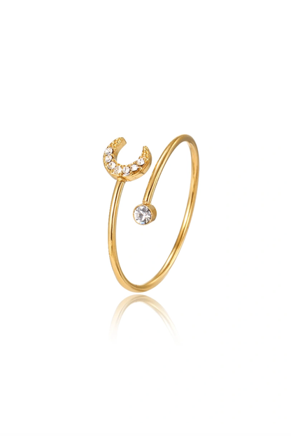 Bague croissant de lune dorée en acier inoxydable sertie de zircons