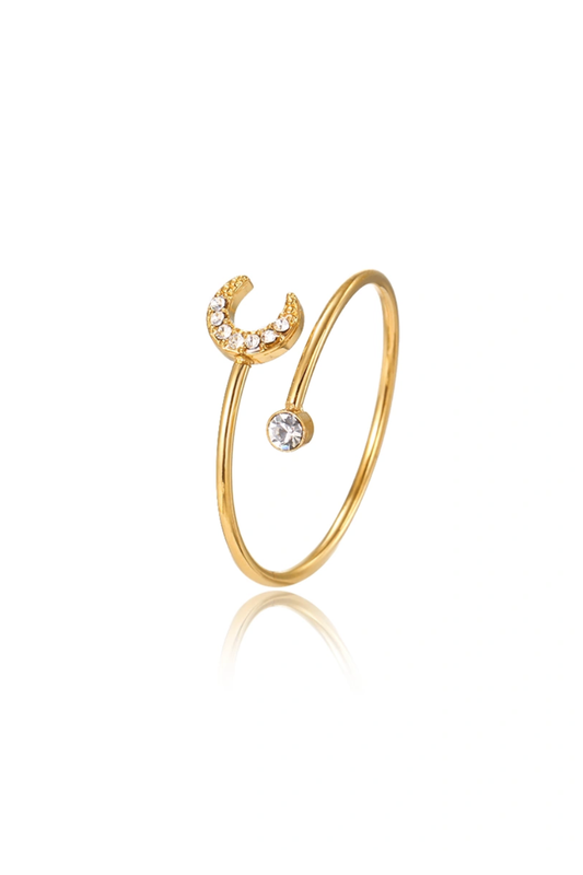 Bague croissant de lune dorée en acier inoxydable sertie de zircons