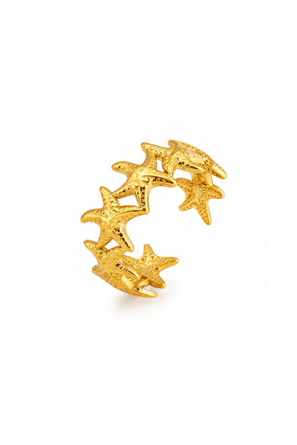 Bague étoiles de mer dorée, frise complète en acier inoxydable