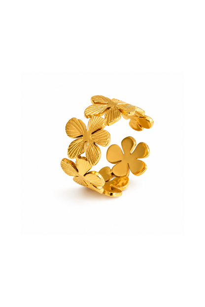 Bague fleurs dorée ajustable, frise florale ciselée acier inoxydable