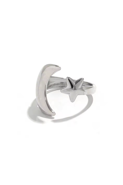 Bague lune et étoile argentée ajustable en acier inoxydable