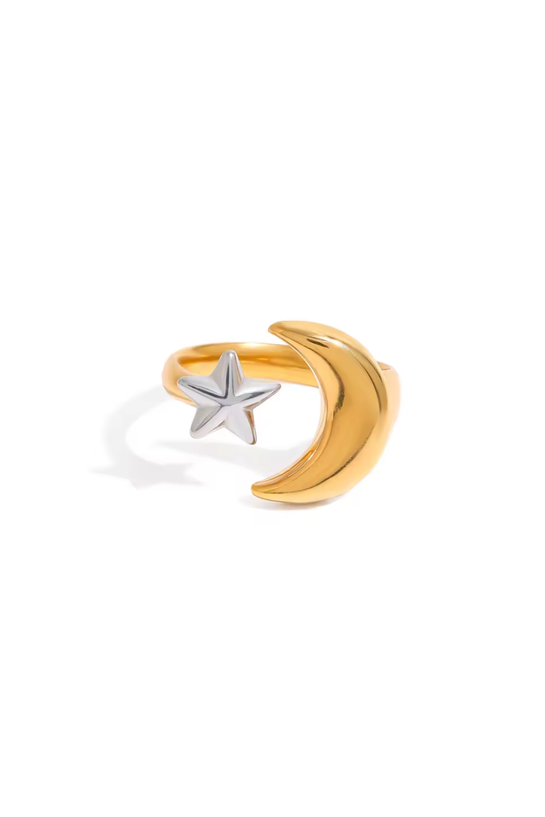 Bague lune et étoile bicolore, lune dorée et étoile argentée