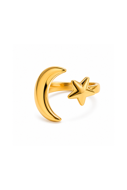 Bague lune et étoile dorée ajustable en acier inoxydable