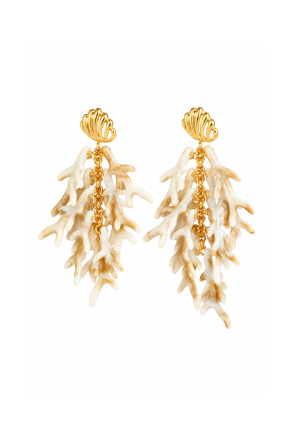 Boucles d'oreilles branche de corail beige ivoire en résine, attache coquillage dorée