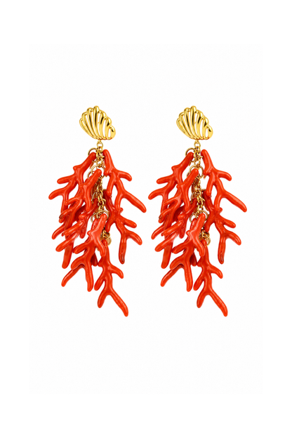 Boucles d'oreilles branche de corail rouge en résine sur attache coquillage dorée