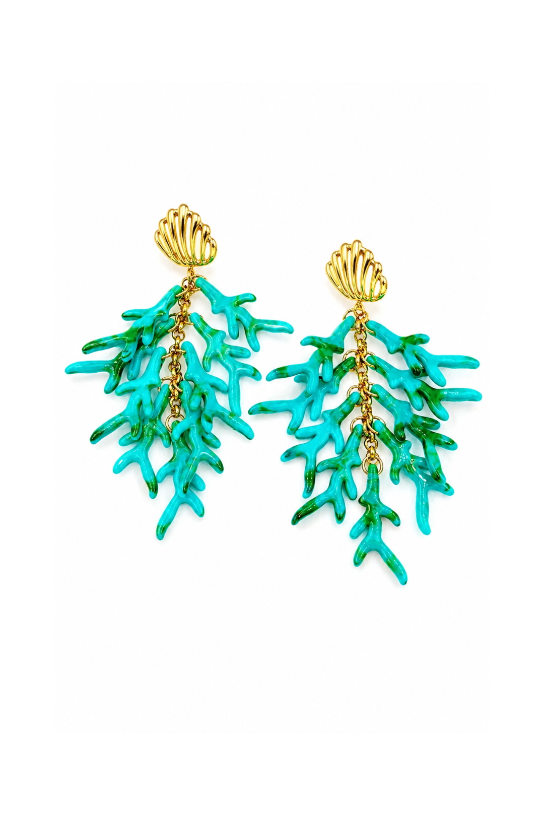 Boucles d'oreilles branche de corail vert d'eau en résine, attache coquillage dorée