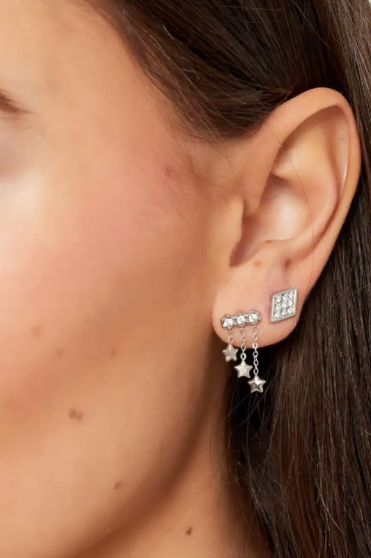 Boucles d'oreilles chaîne et 3 étoiles pendantes argentées