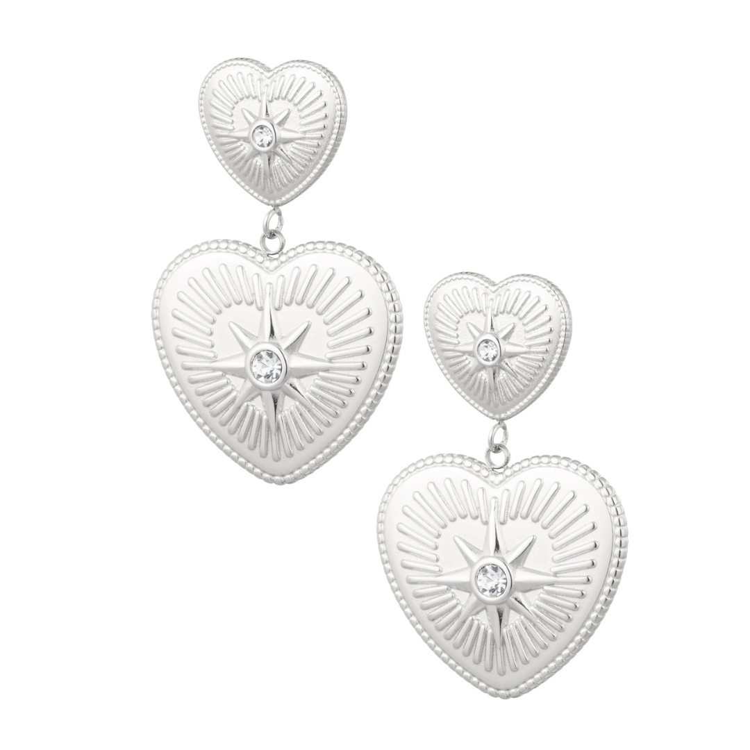 Boucles d'oreilles argentées à trois cœurs sertis de strass