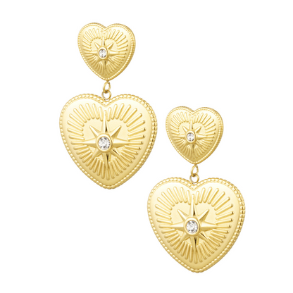 Boucles d'oreilles dorées à trois cœurs sertis de strass