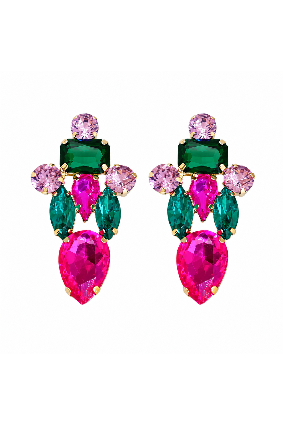 Boucles d'oreilles cristaux multicolores cocktail rose fuchsia et vert