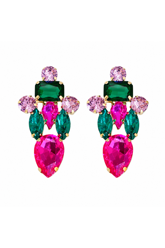 Boucles d'oreilles cristaux multicolores cocktail rose fuchsia et vert