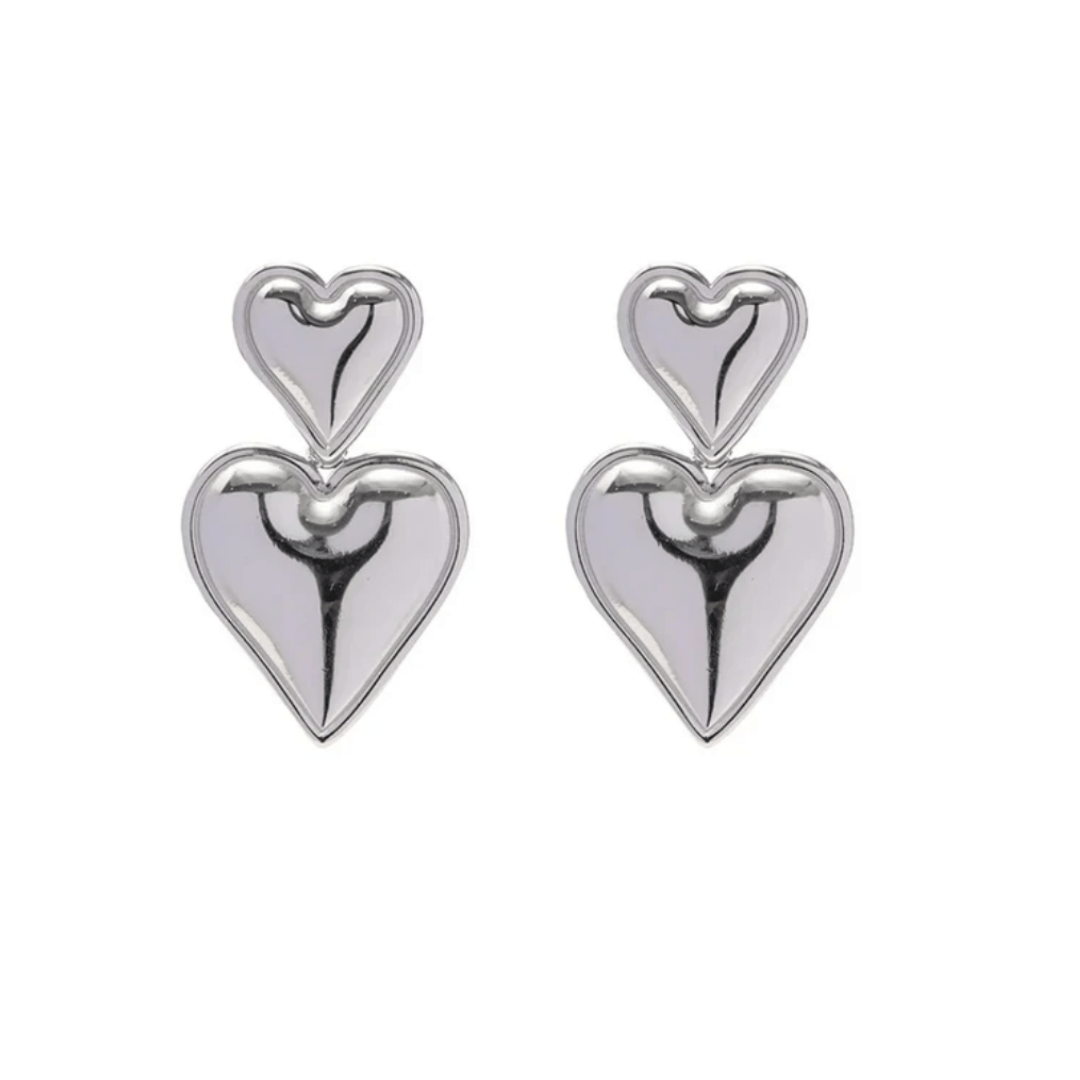 Boucles d'oreilles double cœur bombé argenté en acier inoxydable