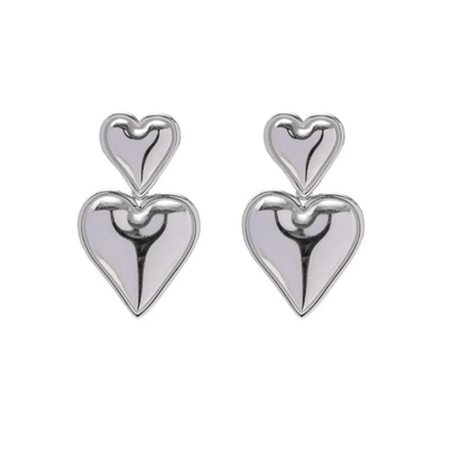 Boucles d'oreilles double cœur bombé argenté en acier inoxydable