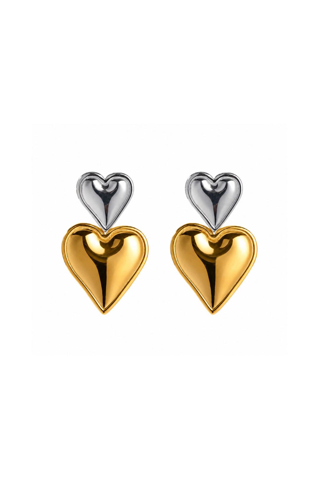 Boucles d'oreilles double cœur bombé bicolore doré et argenté