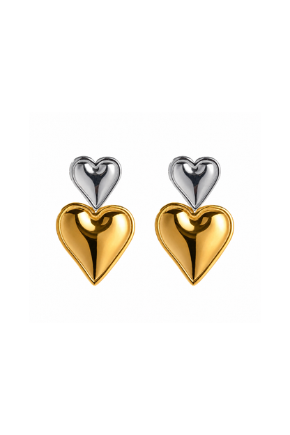 Boucles d'oreilles double cœur bombé bicolore doré et argenté
