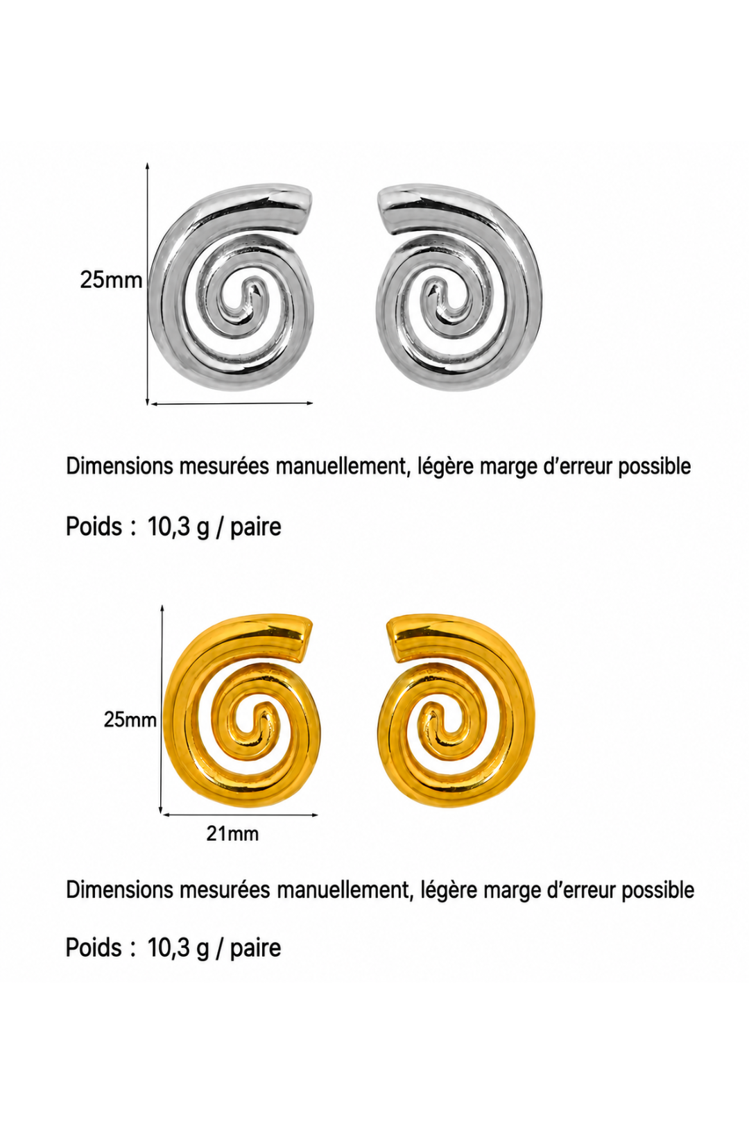boucles d'oreilles spirale acier inoxydable étanches