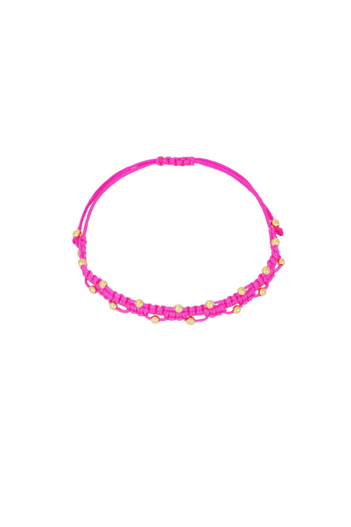 Bracelet cordon rose fluo perles dorées fond blanc
