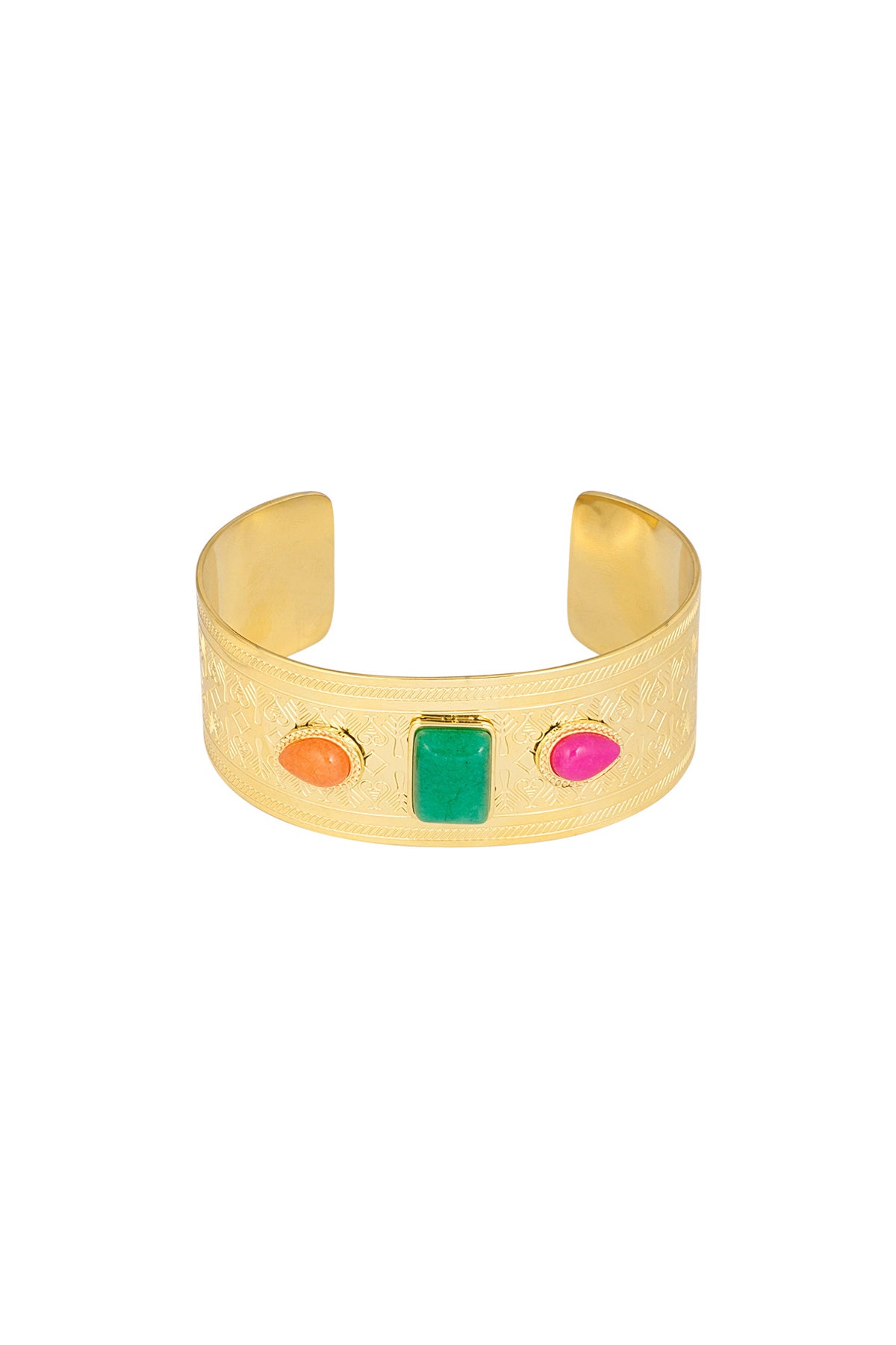Bracelet manchette dorée gravée, pierre rectangulaire verte et pierres goutte