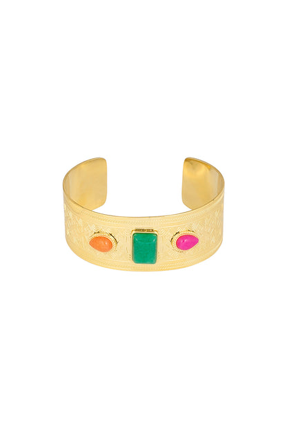 Bracelet manchette dorée gravée, pierre rectangulaire verte et pierres goutte