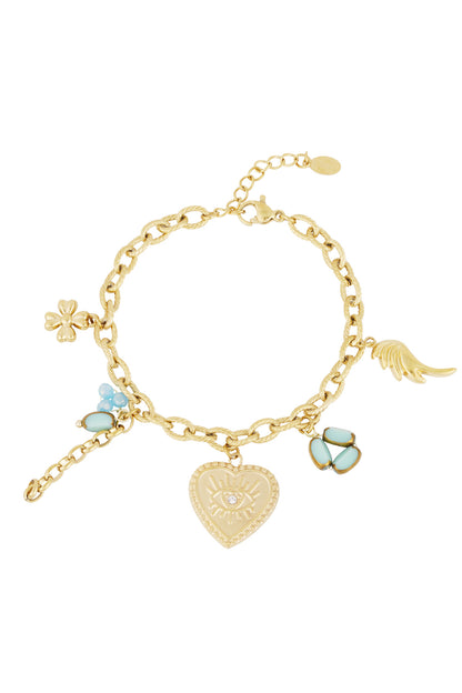 Bracelet œil protecteur cœur doré à breloques en acier inoxydable