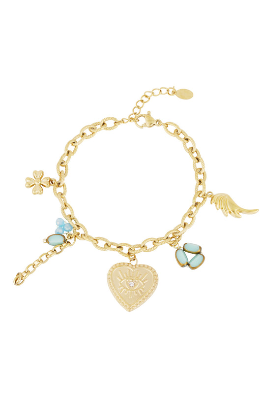 Bracelet œil protecteur cœur doré à breloques en acier inoxydable
