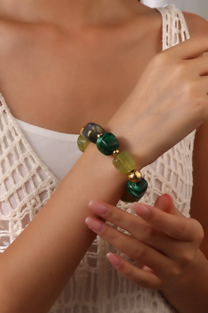 bracelet élastique vert marbré acier inoxydable