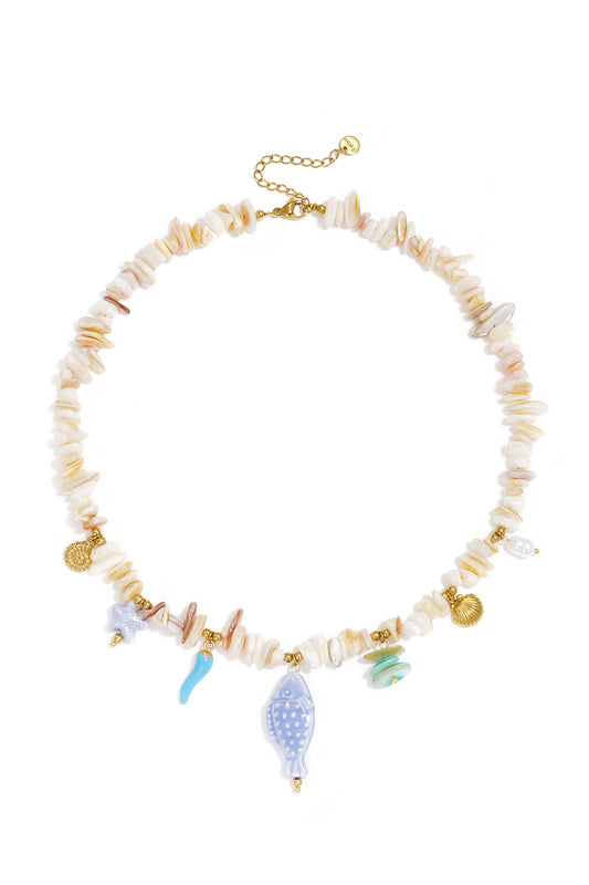 Collier breloques marines en perles de pierre naturelle avec poisson, étoile de mer et coquillage