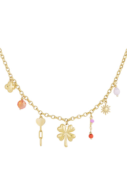 Collier breloques porte-bonheur acier inoxydable doré 7 charms fond blanc
