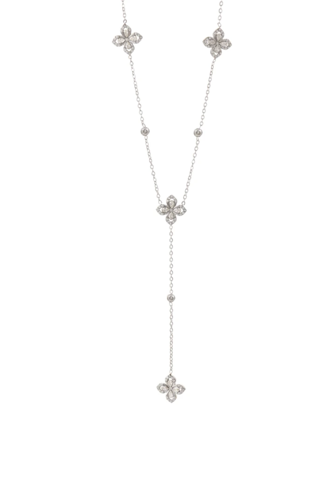 Collier lariat trèfle argenté en acier inoxydable serti de cristaux