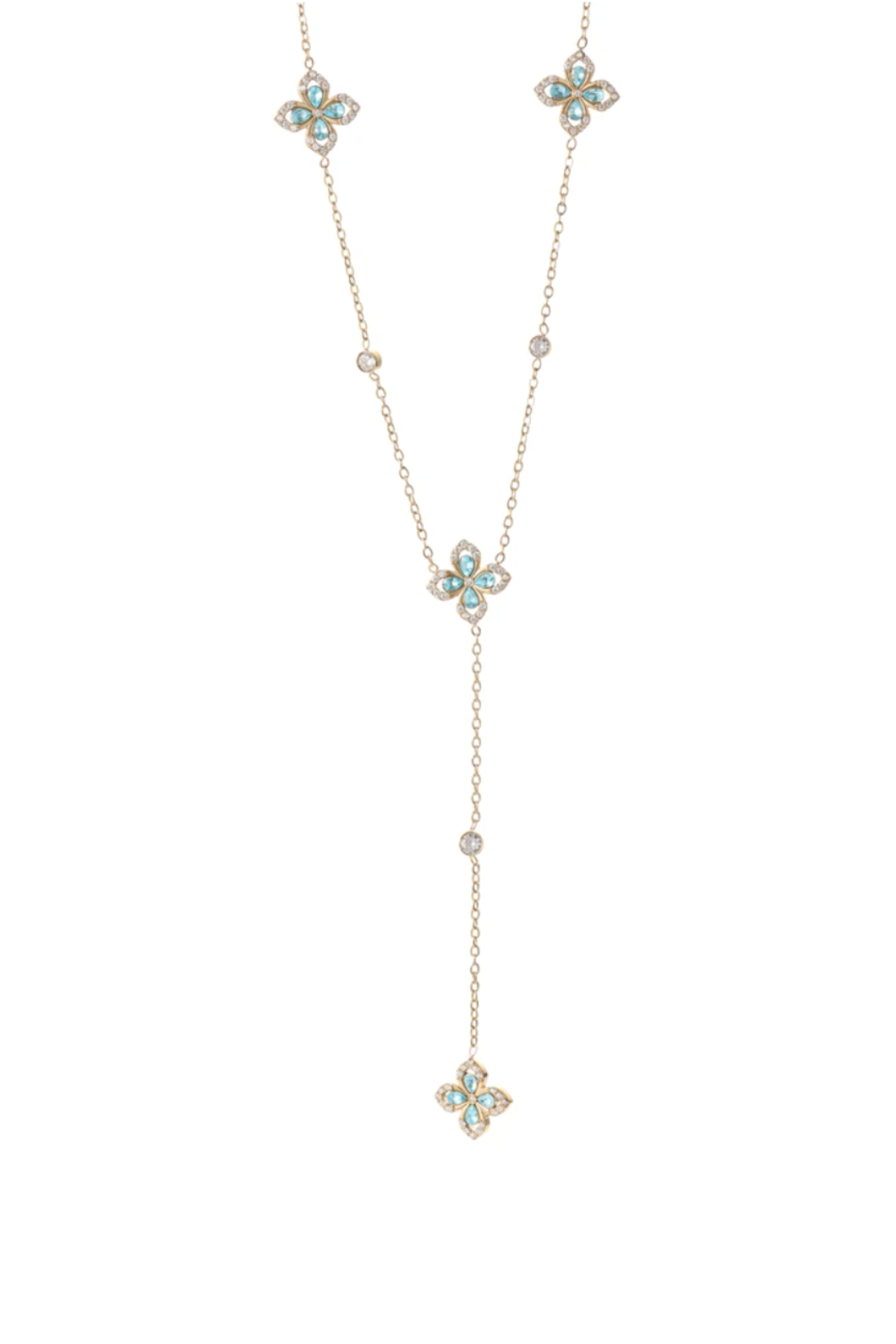 Collier lariat trèfle doré serti de pierres turquoise
