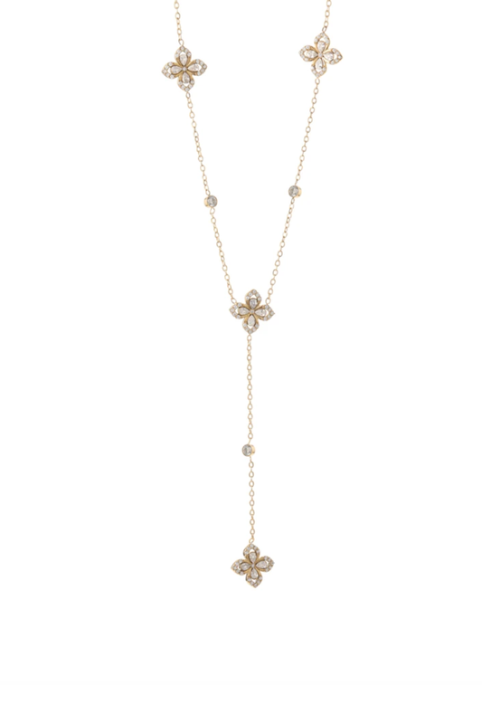 Collier lariat trèfle doré en acier inoxydable serti de cristaux
